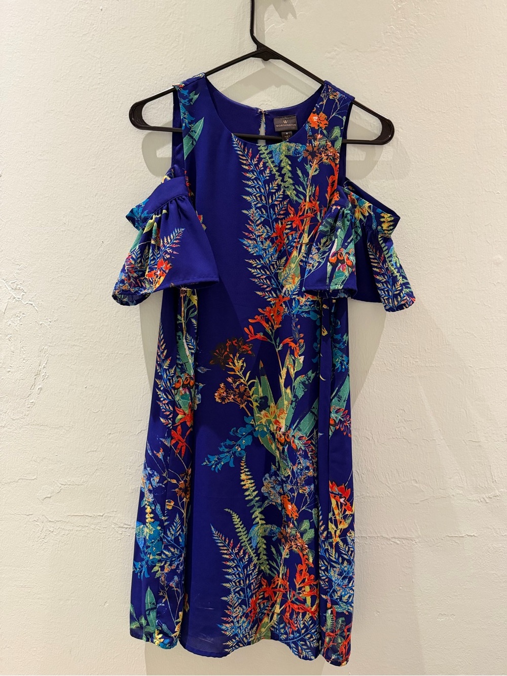 Worthington Royal Blue Cold-Shoulder Floral Mini Dress